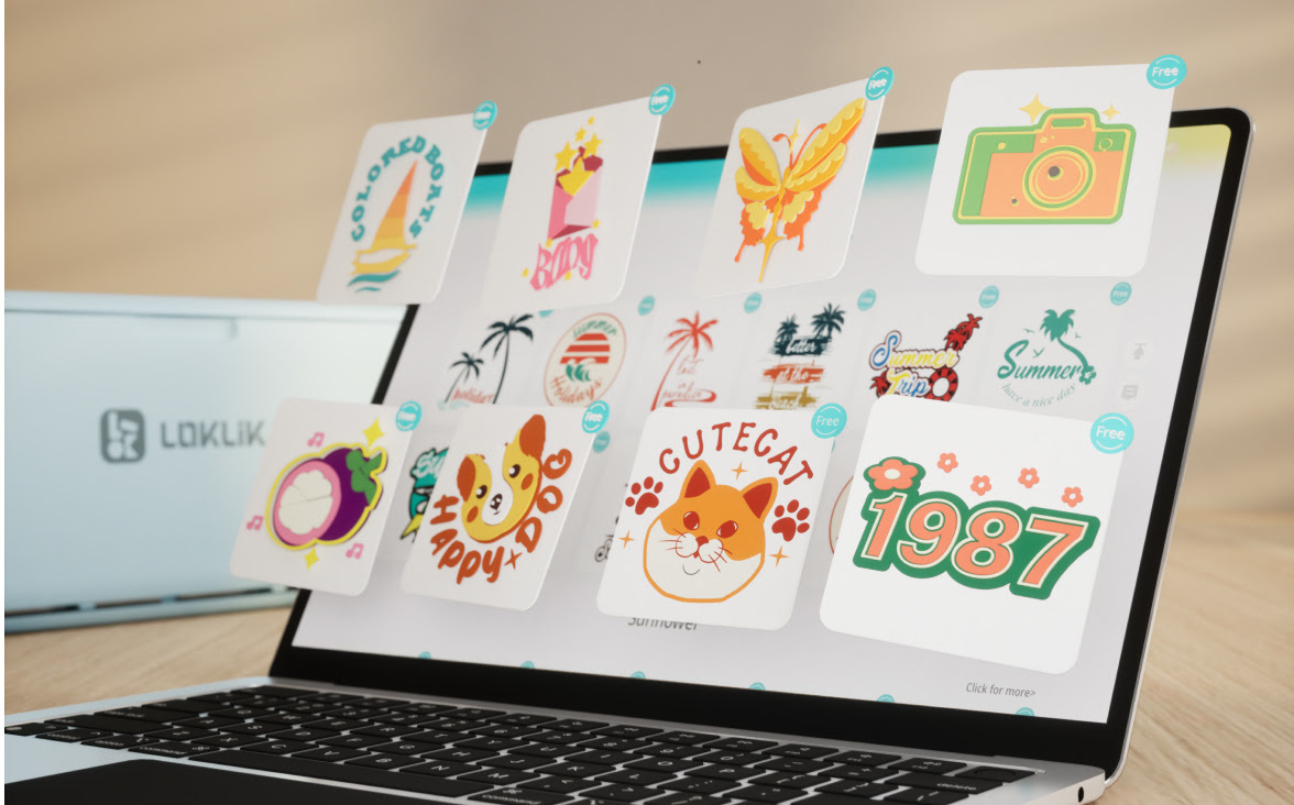LOKLiK IdeaStudio opened on laptop. Several designs are floating in the air.
