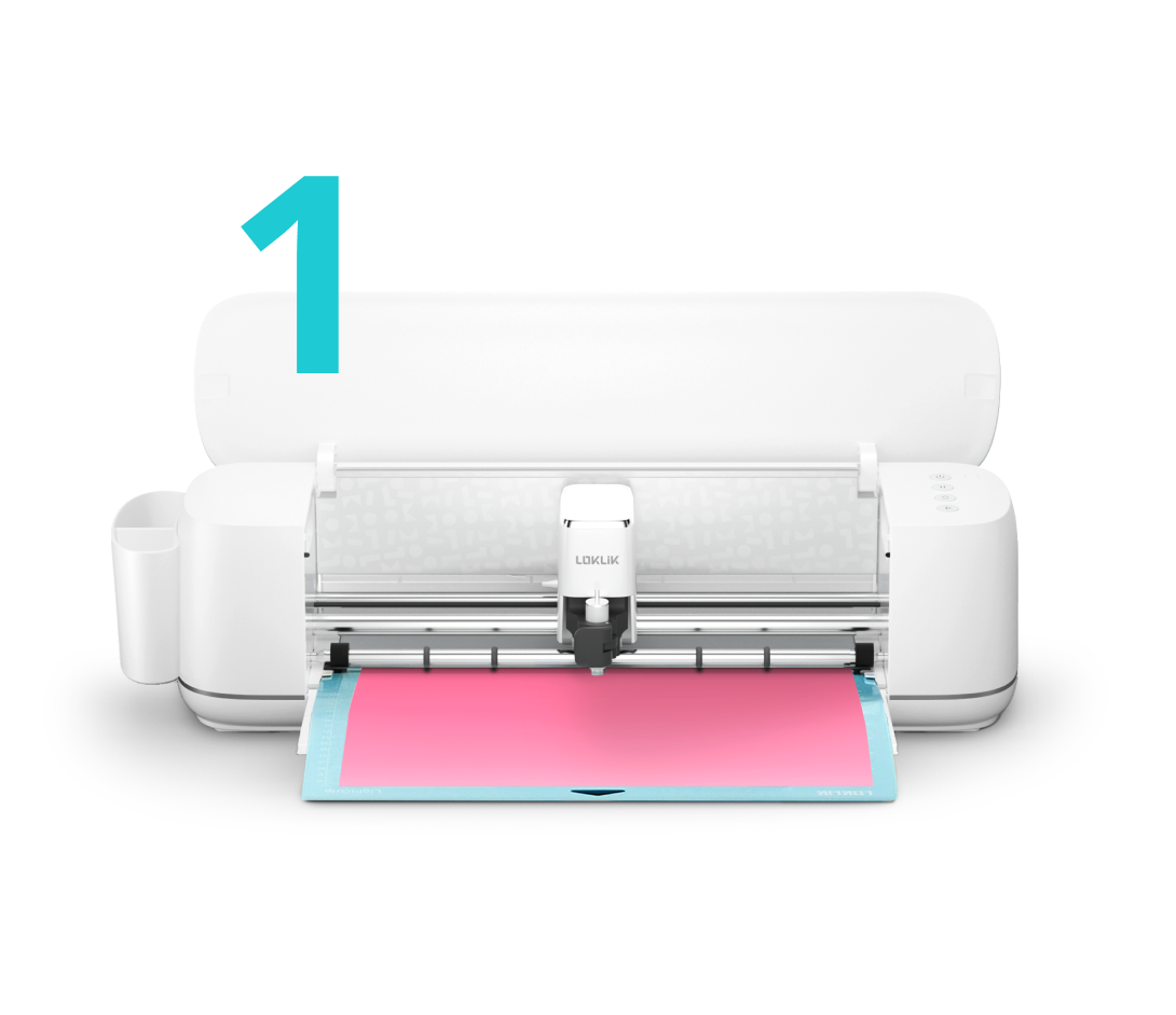 Frontal view of an open LOKLiK iCraft™ with a blue cutting mat and pink heat transfer vinyl.