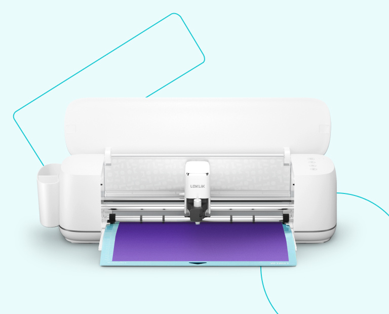 Frontal view of an open LOKLiK iCraft™ with a blue cutting mat and purple heat transfer vinyl.
