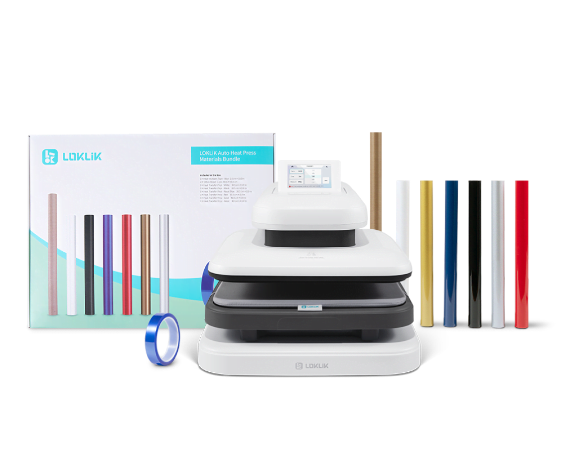 View of a LOKLiK ImPress™ Auto 2-Smart in Daisy White in front of an Heat Press Starter Pack and its contents: a roll of teflon sheets and heat transfer vinyl in  white, black, royal blue, red, gold and silver.