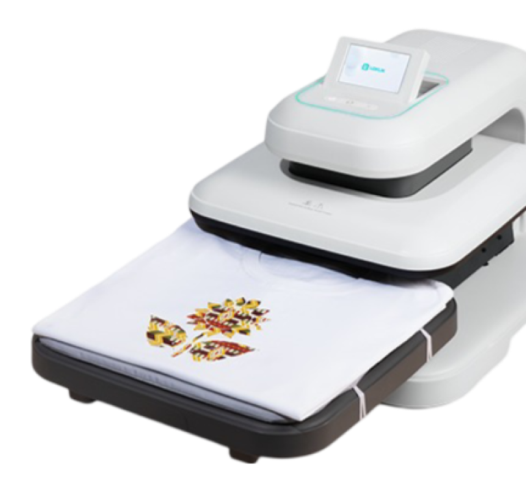 LOKLiK ImPress™ Auto 2-Smart in Daisy White with the ironing board pulled out. A shirt with a flower design is lying on the ironing board.