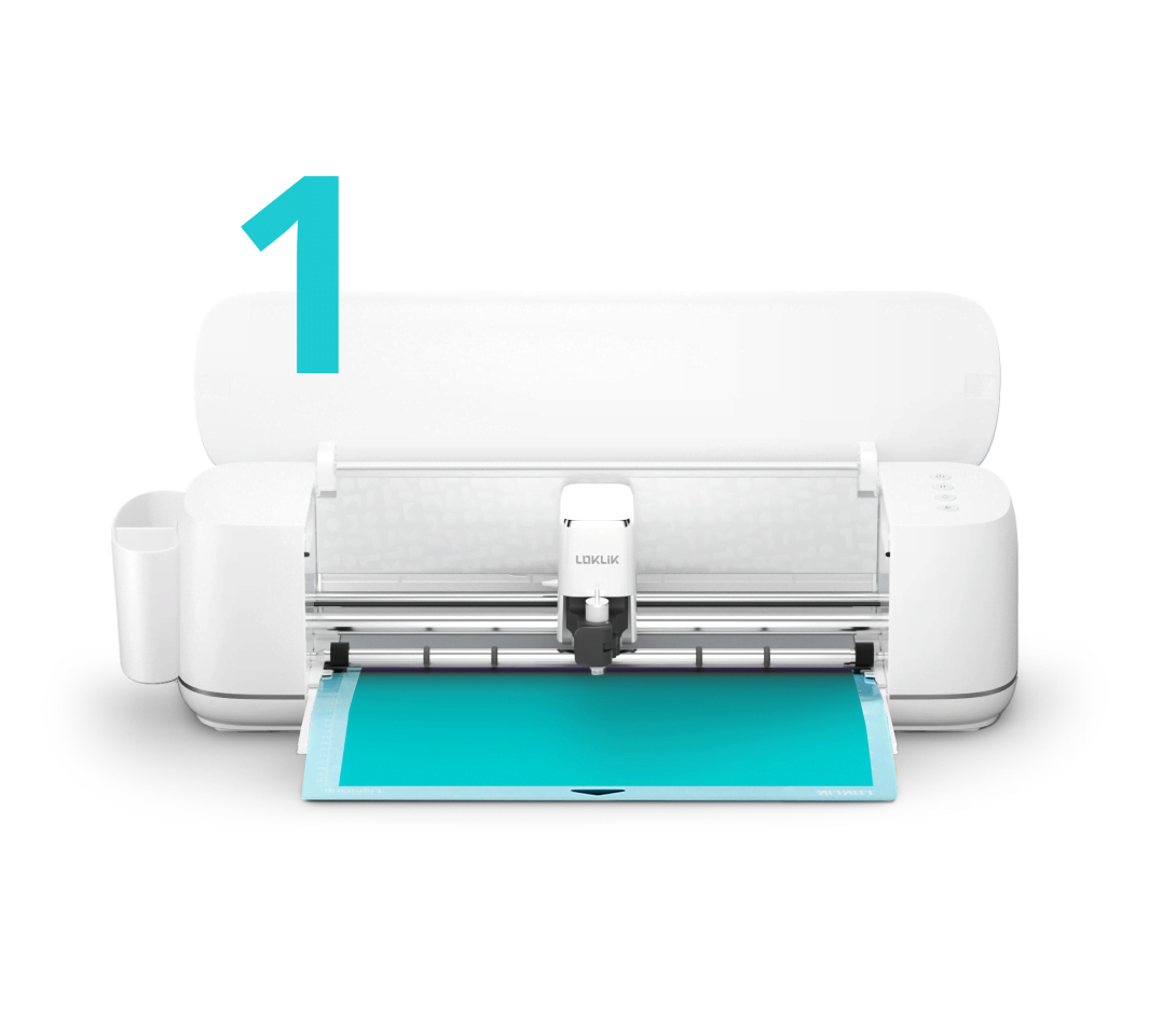 Frontal view of an open LOKLiK iCraft™ with a blue cutting mat and teal heat transfer vinyl.