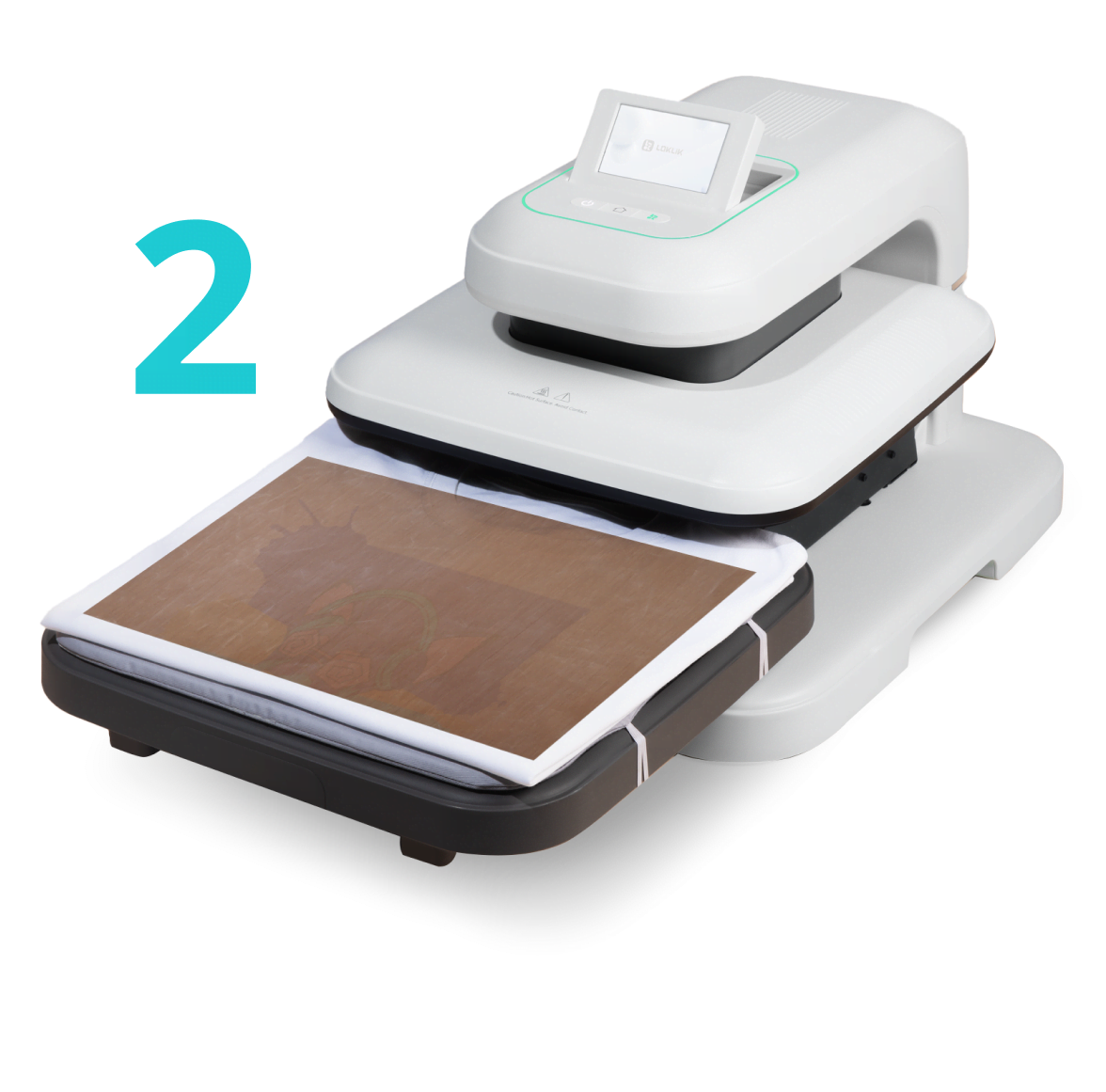 LOKLiK ImPress™ Auto 2-Smart in Daisy White. The ironing board is pulled out. On top is a white T-shirt with a teflon sheet ready for ironing.