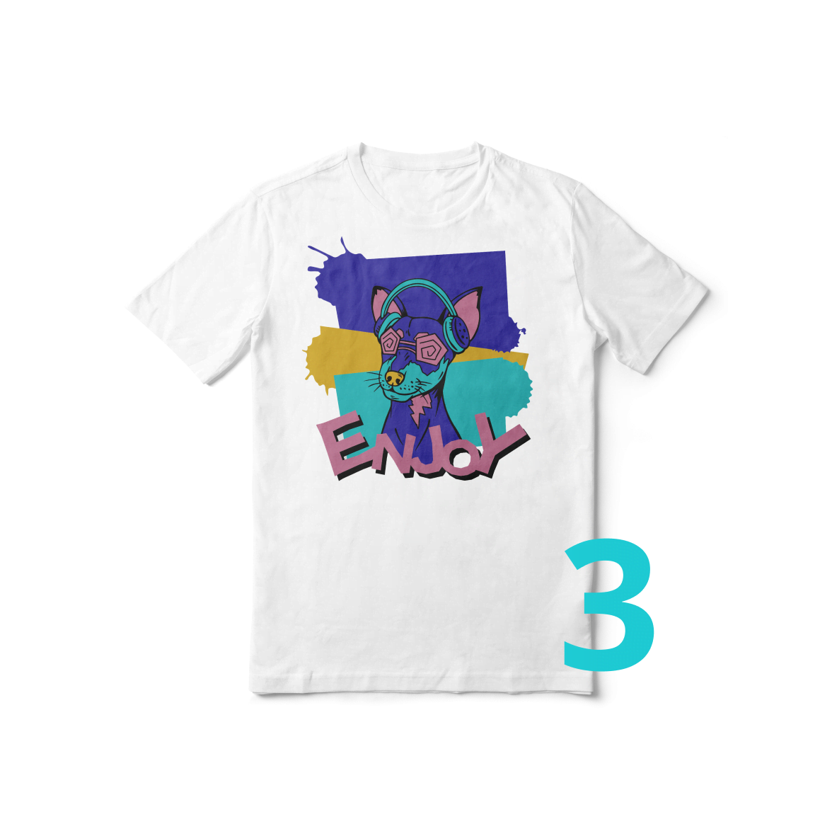 Top down view of a white shirt with a design of a funky dog with glasses and the text enjoy