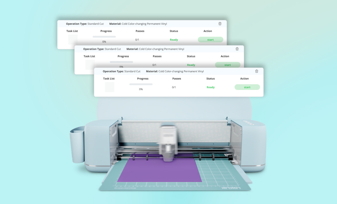 Frontal view of a LOKLiK iCraft™ in Bubble Blue against a gradient teal background. A cutting mat is loaded with a piece of purple vinyl. On top of the iCraft there are 3 stacked rectangles showing the different tasks created in LOKLiK IdeaStudio.