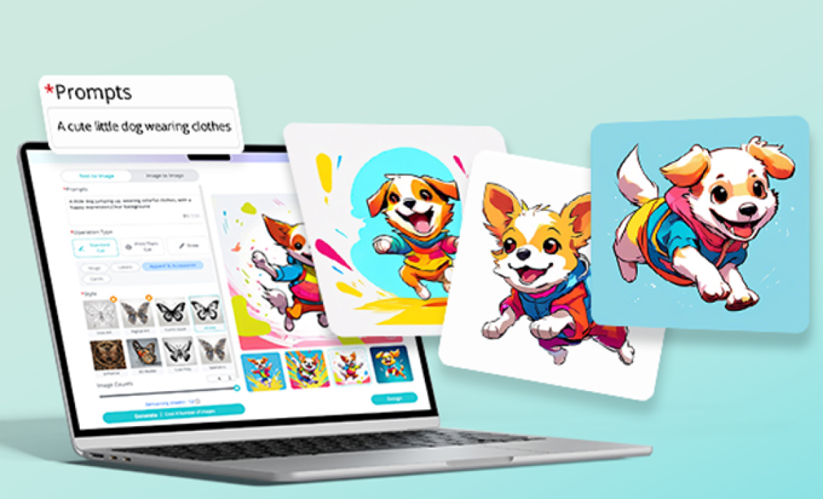 A laptop with the AI generation feature of LOKLiK IdeaStudio™ opened against a gradient teal background. Three cards with an illustration of a dog wearing cloths are floating in the air. The AI prompt reads: a cute little dog wearing clothes.