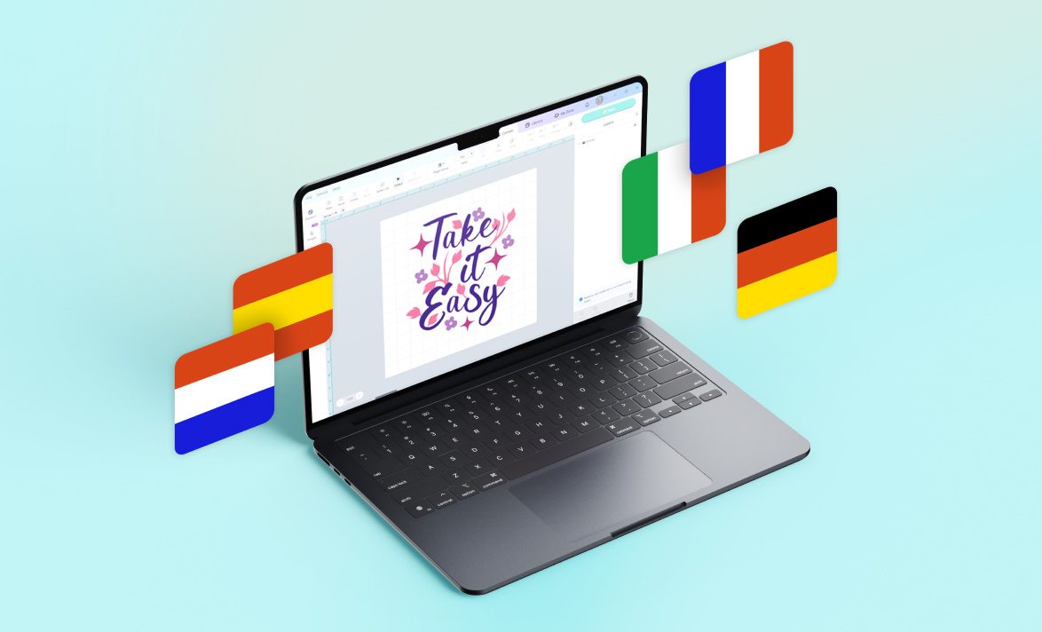 Open laptop with LOKLiK IdeaStudio opened showing a design which says 'Take it easy'. There are several cards with flags floating in the air.