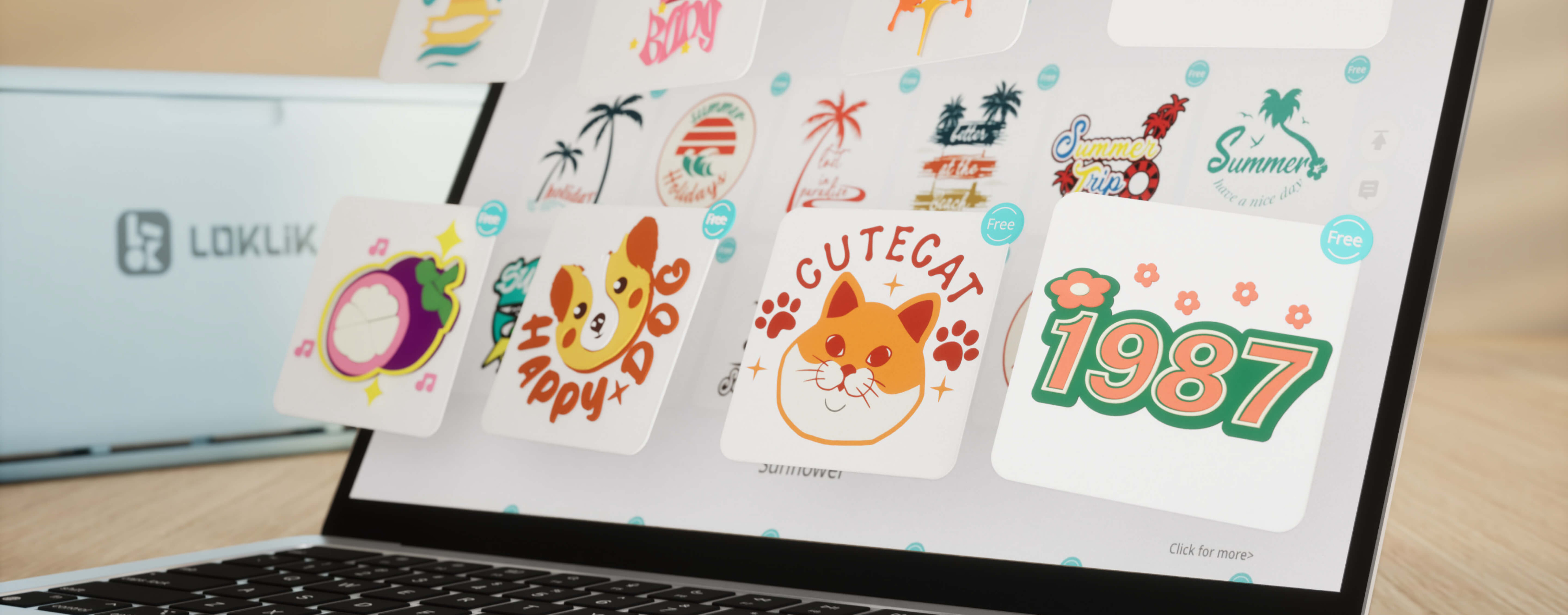 Close-up of a laptop screen at an angle with the search results in LOKLiK IdeaStudio™ showing. The results pop of the screen  like cards floating in the air. The cards show a fruit, a dog, a cat and 1987 with flowers;  In the background is a LOKLiK iCraft™ cutting machine in Bubble Blue.