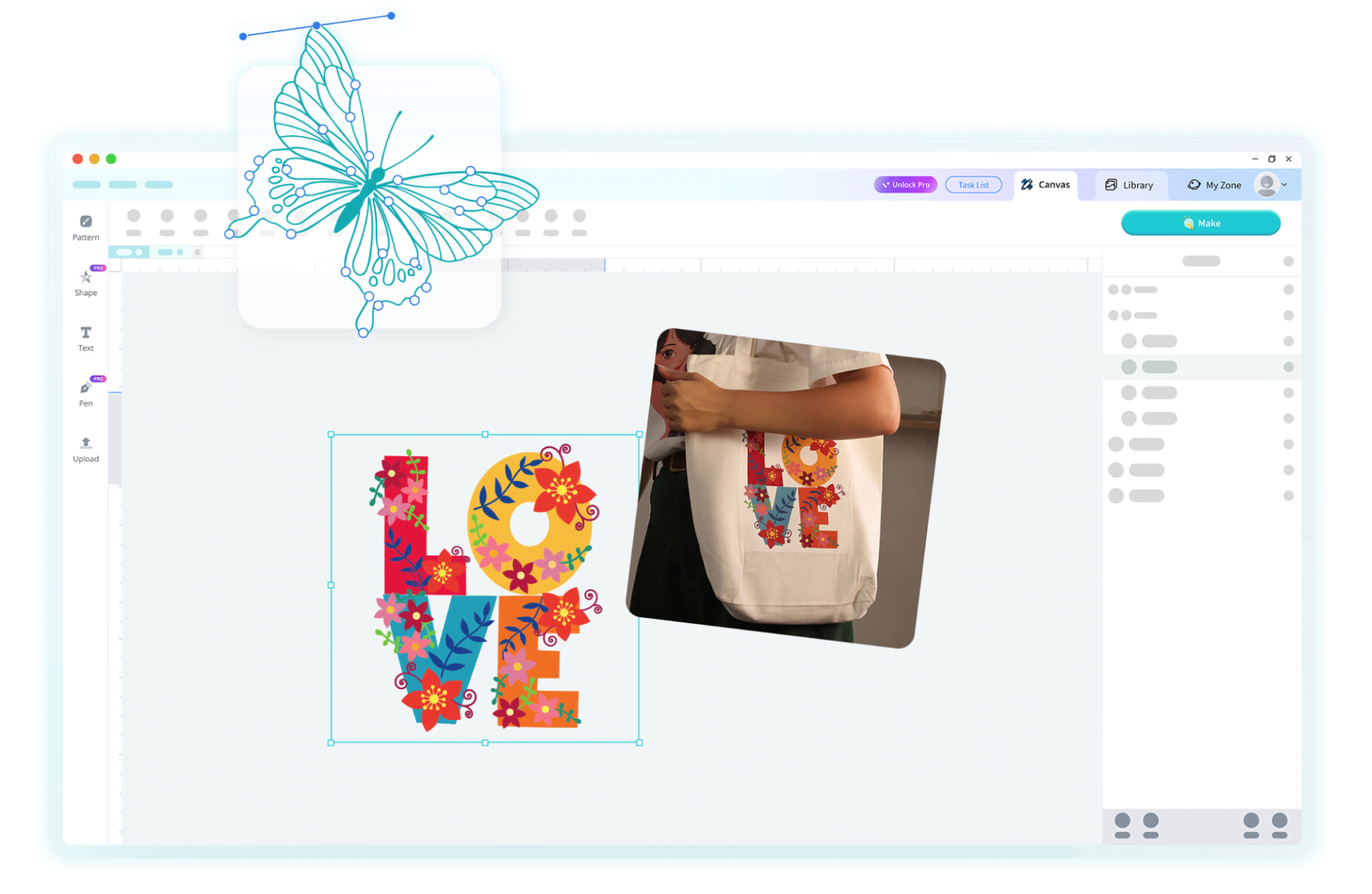 Stylised screenshot of LOKLiK IdeaStudio. A vectorised butterfly in a square is layered on top. In the software there is a design open of the word LOVE decorated with flowers. The same design is shown in a photo ironed on a canvas bag.
