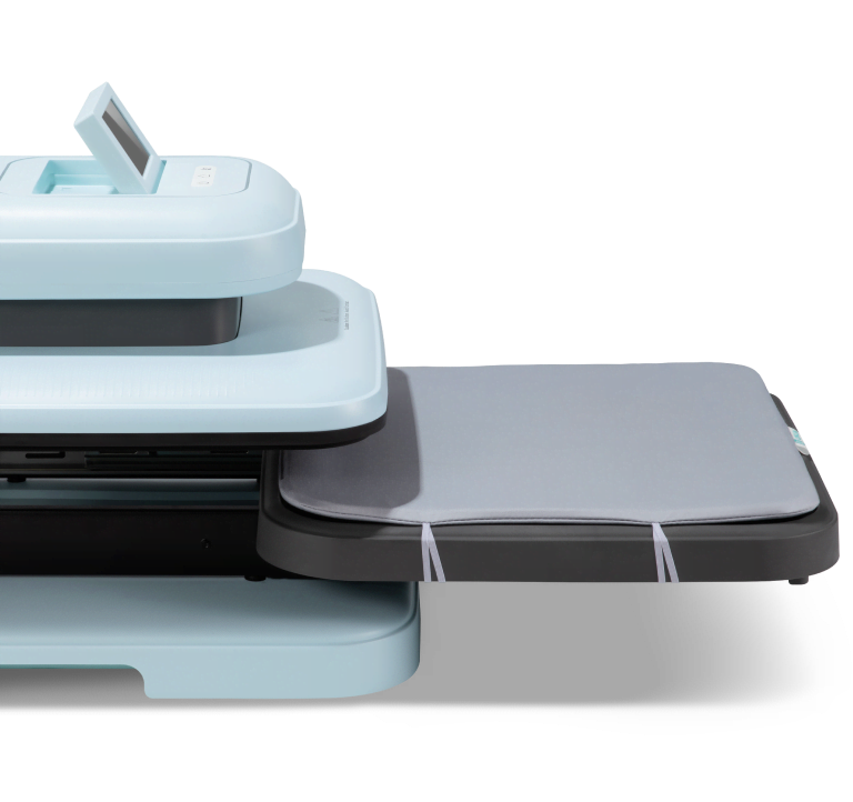 Side view of a LOKLiK ImPress™ Auto 2-Smart in Bubble Blue. The ironing board is pulled out showing the ironing mat.