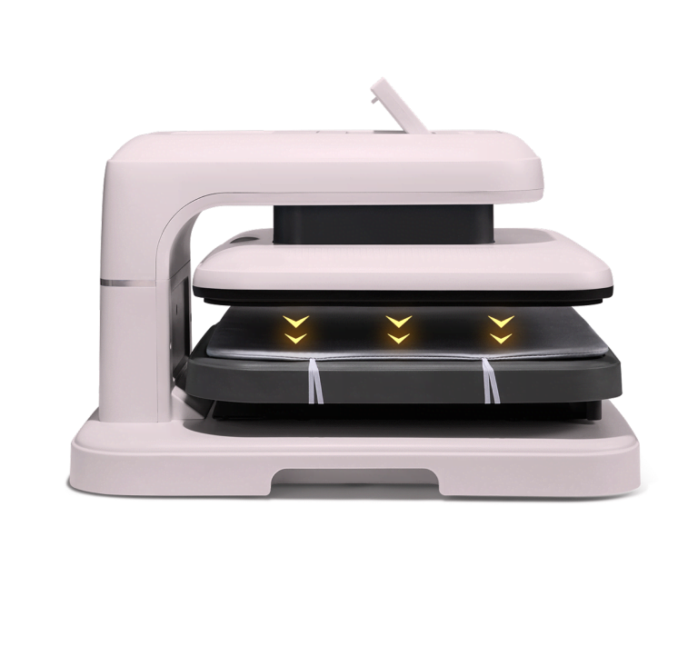 Side view of a LOKLiK ImPress™ Auto 2-Smart in Pastel Pink. Arrows are pointing downwards to indicate the pressure control.