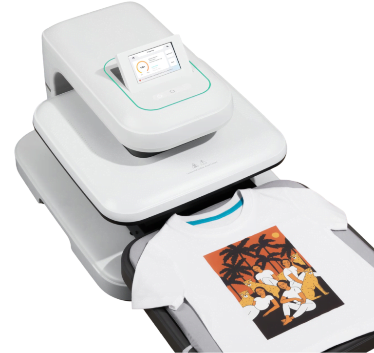 Side view of a LOKLiK ImPress™ Auto 2-Smart in Daisy White. The ironing board is pulled out showing the ironing mat.