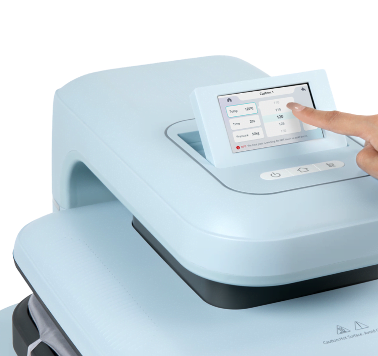 Finger touching the touch screen of a LOKLiK ImPress™ Auto 2-Smart in Bubble Blue.
