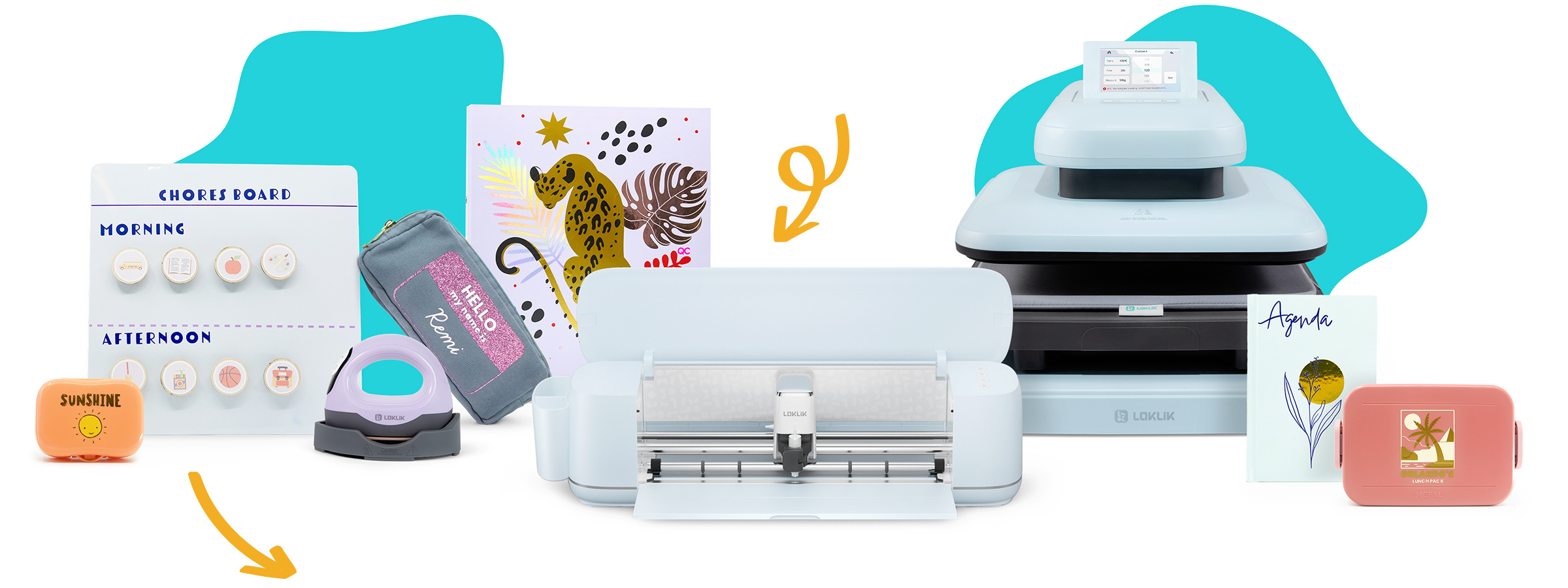 LOKLiK ImPress™ Mini 3 en violet lavande, LOKLiK iCraft™ et LOKLiK ImPress™ Auto 2-smart en bleu bulle sur un fond blanc avec une forme de blob sarcelle. Ils sont entourés de flèches orange et de plusieurs exemples de ce que l'on peut faire avec les machines : tableau magnétique, porte-crayon et classeur personnalisés, agenda avec décoration en vinyle et deux boîtes à lunch avec motifs en vinyle.