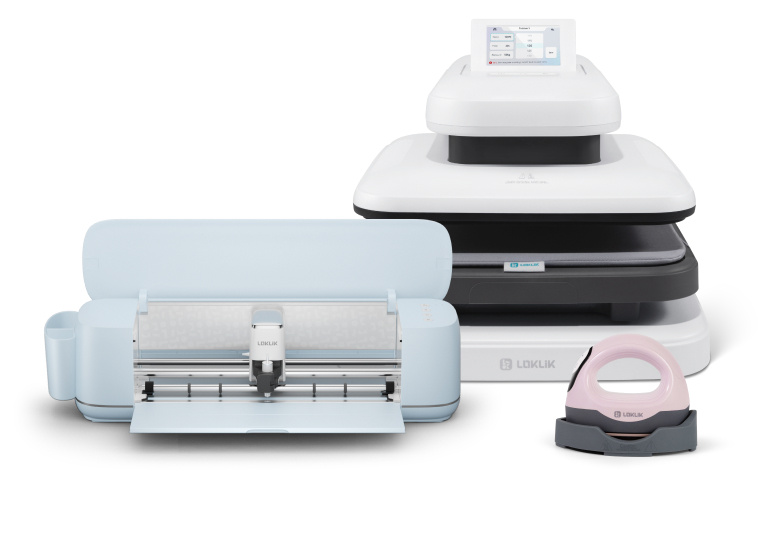 LOKLiK ImPress™ Mini 3 en rose pastel, LOKLiK iCraft™ en bleu bulle et LOKLiK ImPress™ Auto 2-smart en blanc marguerite.