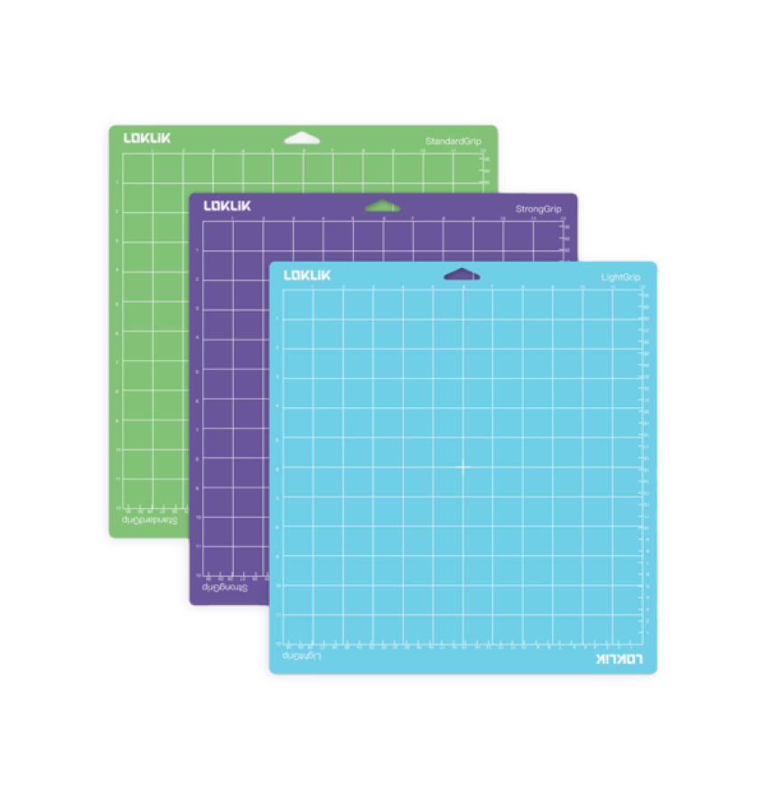 Trois tapis de coupe LOKLiK en bleu, violet et vert.