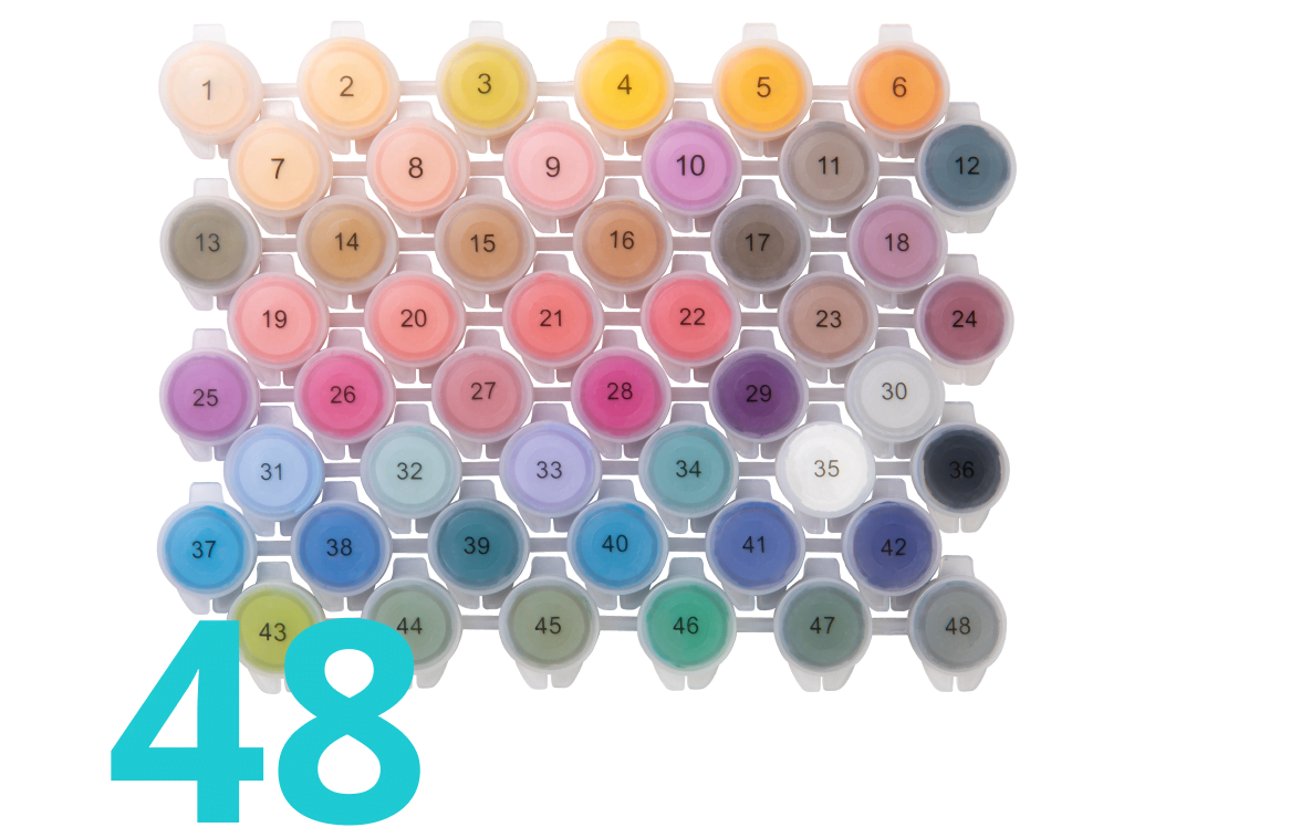 Verf-set met 48 verschillende kleuren verf.