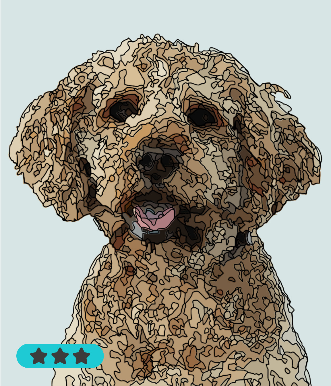 Foto van een hond geconverteerd naar een vectorafbeelding geschikt voor paint-by-numbers. De modus was ingesteld op complex.