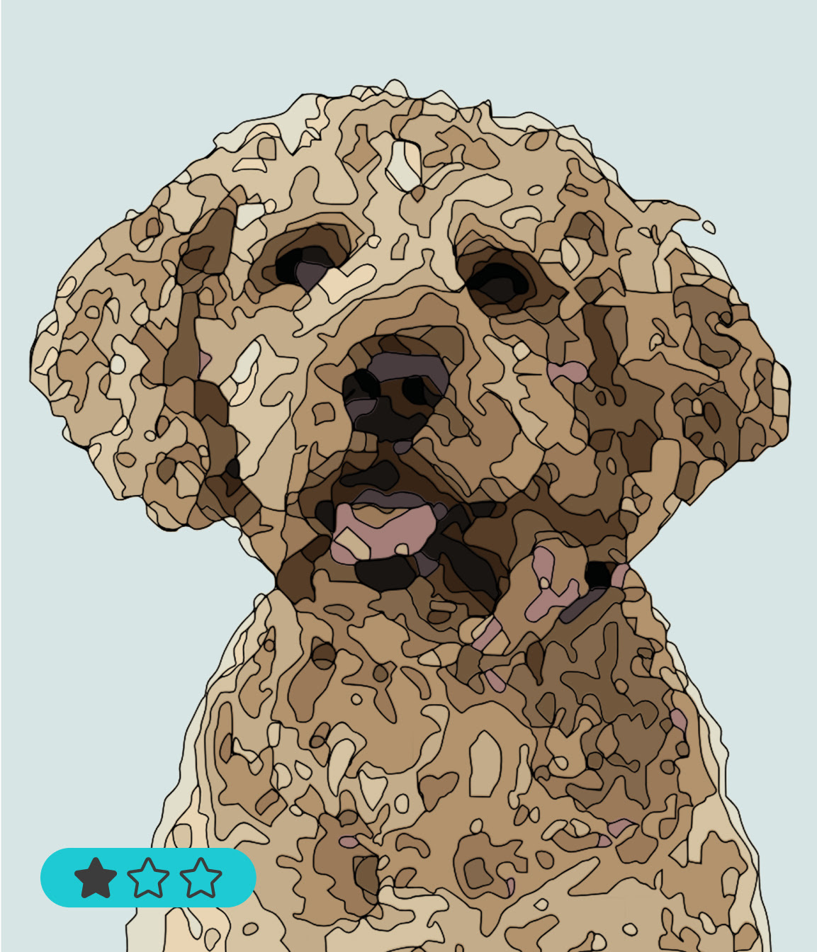 Foto van een hond geconverteerd naar een vectorafbeelding geschikt voor paint-by-numbers. De modus was ingesteld op eenvoudig.