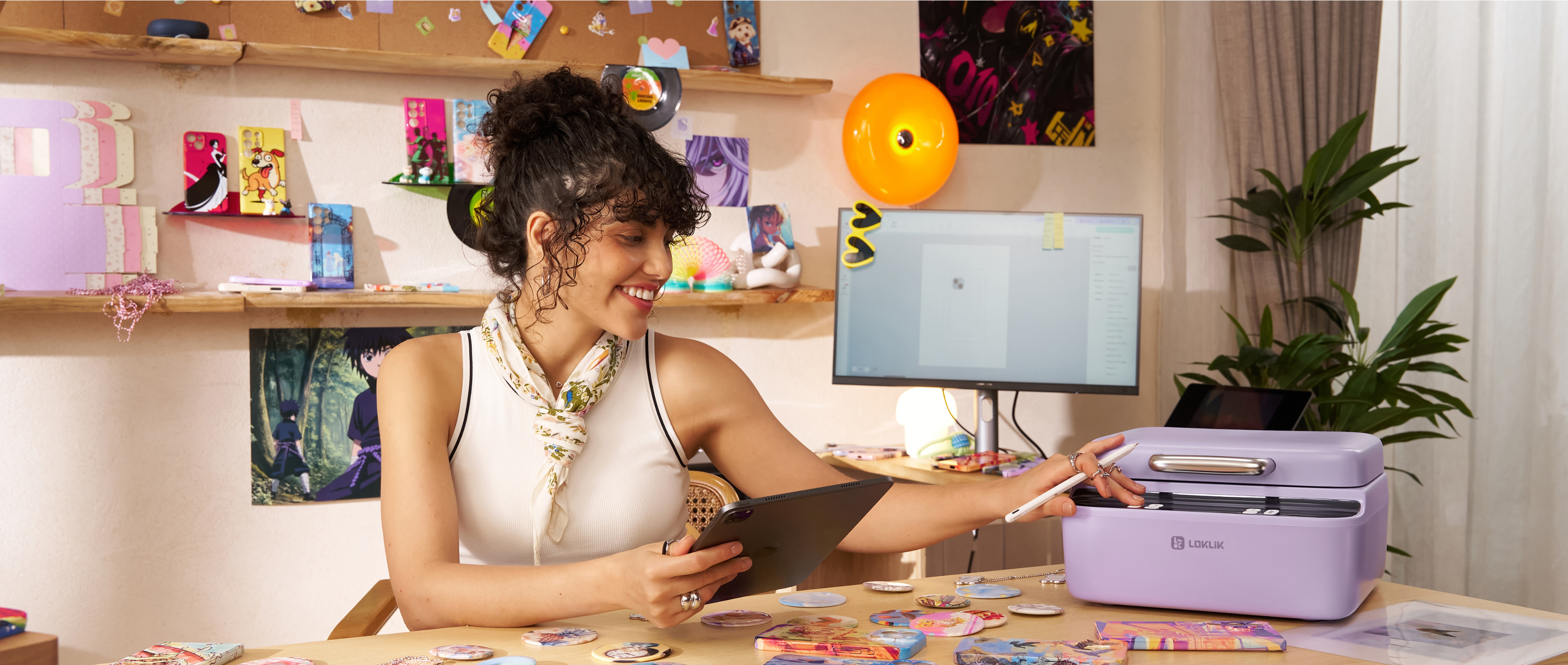 Happy woman in a creative studio setting. She is pressing a button on a LOKLiK Phone Case Heat Press in Lavender Purple while holding an iPad and pen. On the table and on the selves behind her are several personalised phone cases, buttons and coasters.