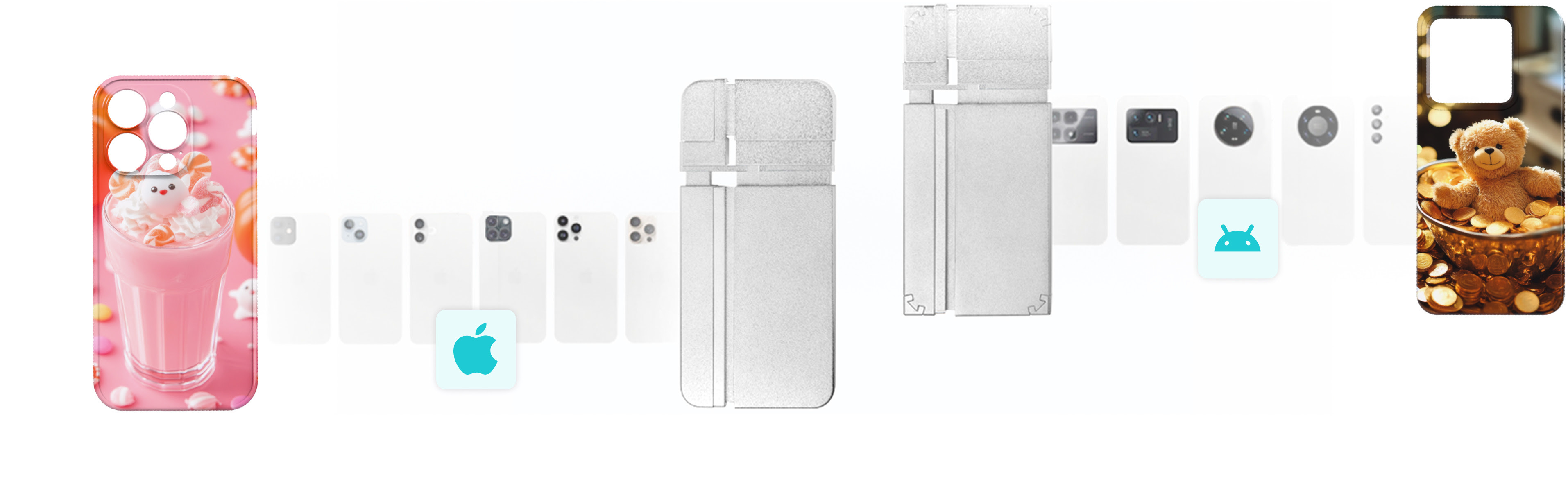 Twee bevestigingen die kunnen worden gebruikt met de LOKLiK Phone Case Heat Press. Links is de armatuur voor Apple toestellen, rechts voor Android hoesjes. Elk heeft een rij met compatibele telefoons en een voorbeeld van een gesublimeerd telefoonhoesje. Het telefoonhoesje voorbeeld voor Apple heeft een roze smoothie, het Android telefoonhoesje heeft een teddybeer zittend in een kom met munten.