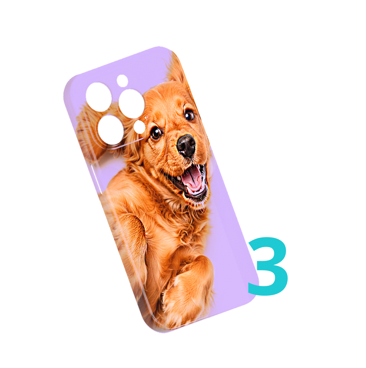 Gepersonaliseerd telefoonhoesje met een afbeelding van een schattige hond tegen een paarse achtergrond.