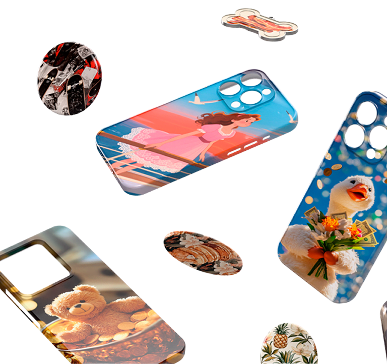 Personalised phone cases, button pins and a dog tag floading in mid air.