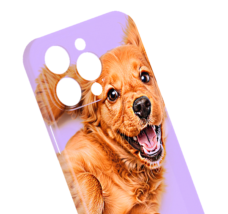 Personalised phone case with a photo of a cute dog against a purple background.