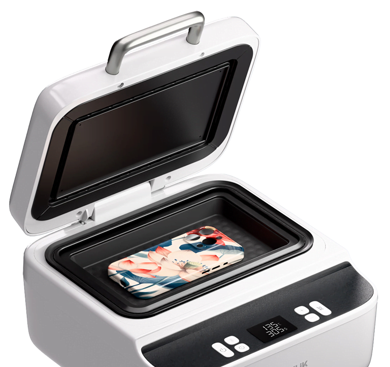 Open LOKLiK Phone Case Heat Press in Daisy White. Inside is a sublimated phone case with a flower design.