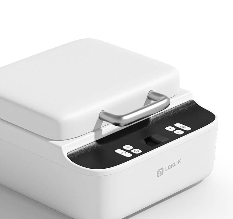 LOKLiK Phone Case Heat Press in Daisy White seen at an angle. An icon indicates the noise level, which is low.