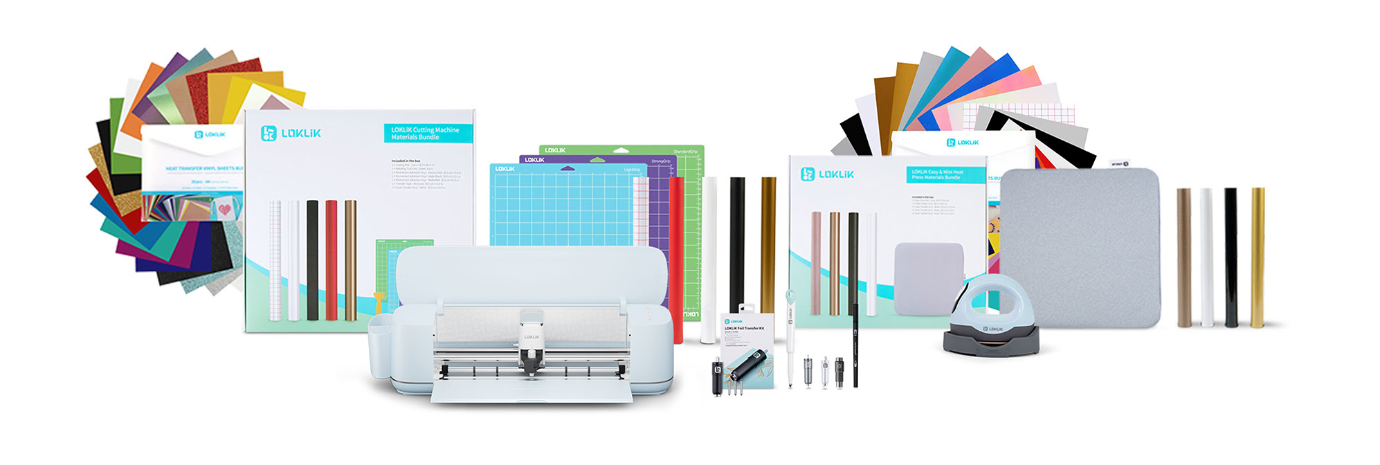 Contents of the LOKLiK Design Bundle: LOKLiK iCraft™ plus tools, ImPress™ Mini 3 including their starter packs, permanent vinyl material bundle andheat transfer vinyl material bundle.