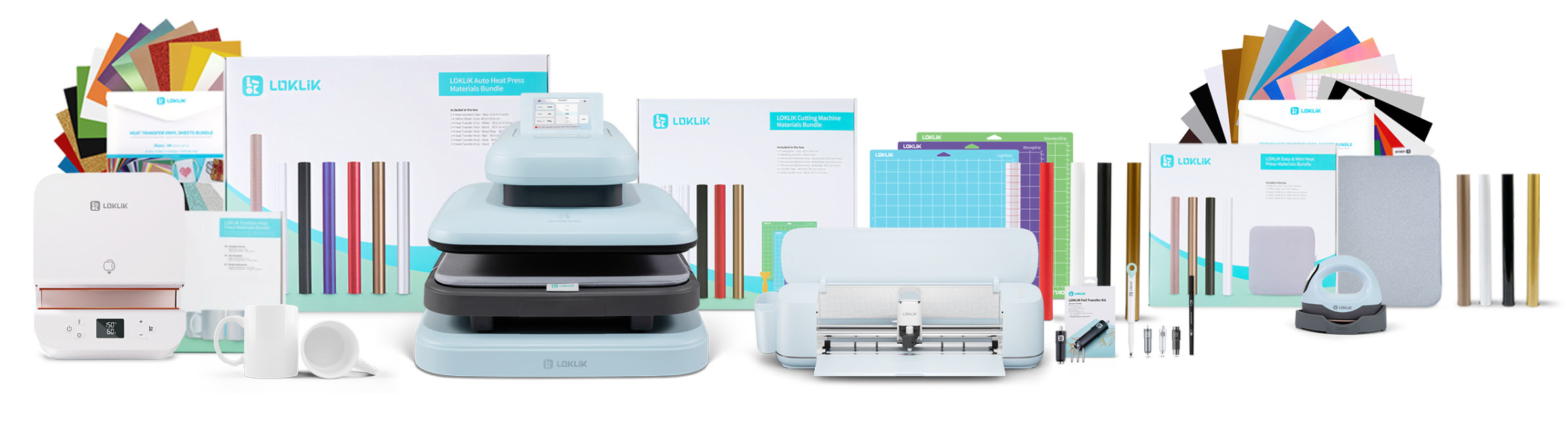 Contents of the LOKLiK Design Pro Bundle: LOKLiK iCraft™ plus tools, LOKLiK ImPress™ Auto 2-Smart, ImPress™ Mini 3 and, Auto Tumbler Heat Press including their starter packs, permanent vinyl material bundle andheat transfer vinyl material bundle.