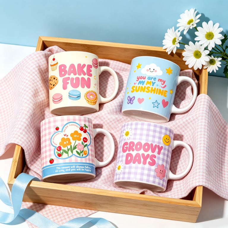Four vibrant, colourful mugs with custom sublimation designs printed using the LOKLiK Auto Mug Heat Press, displayed in a wooden gift box.