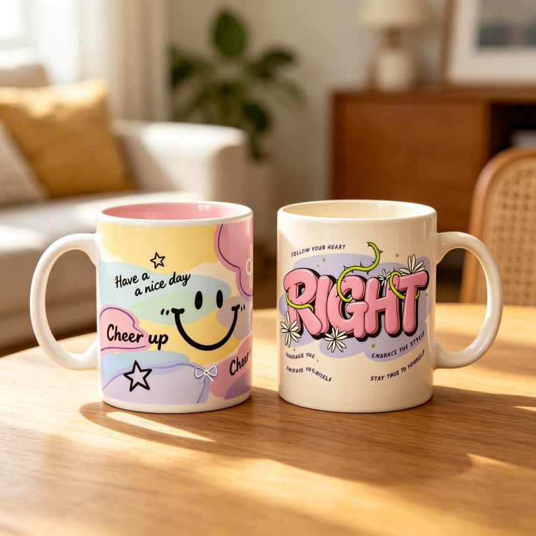 Two ceramic coffee mugs with custom retro-style sublimation graphics displayed on a sunlit wooden table.