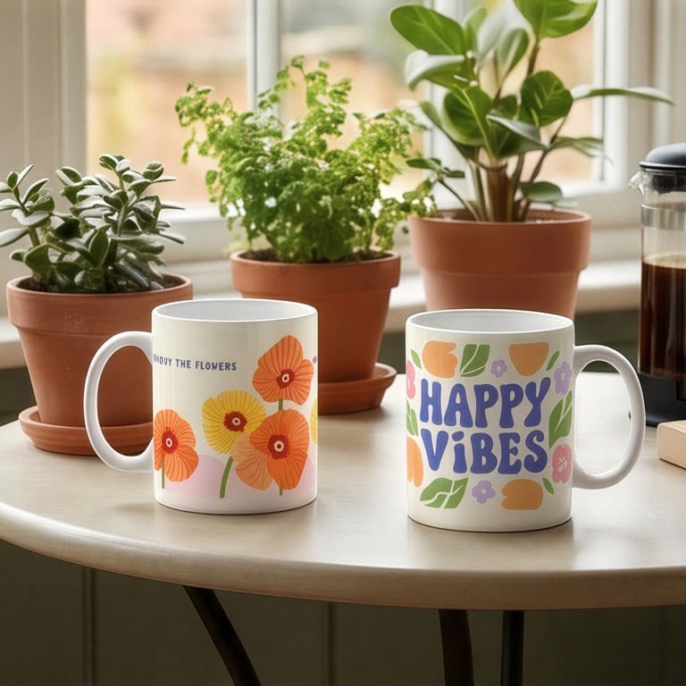 Two white ceramic mugs featuring custom sublimation prints with bright floral and retro typography designs, displayed on a table near potted plants.