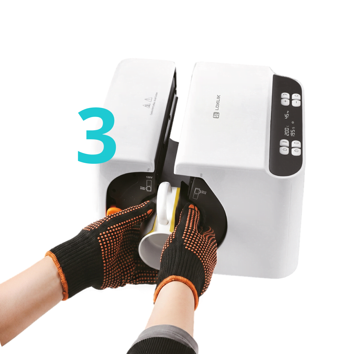 Two hands wearing the safety gloves placing a mug insinde the LOKLiK Auto Mug Heat Press