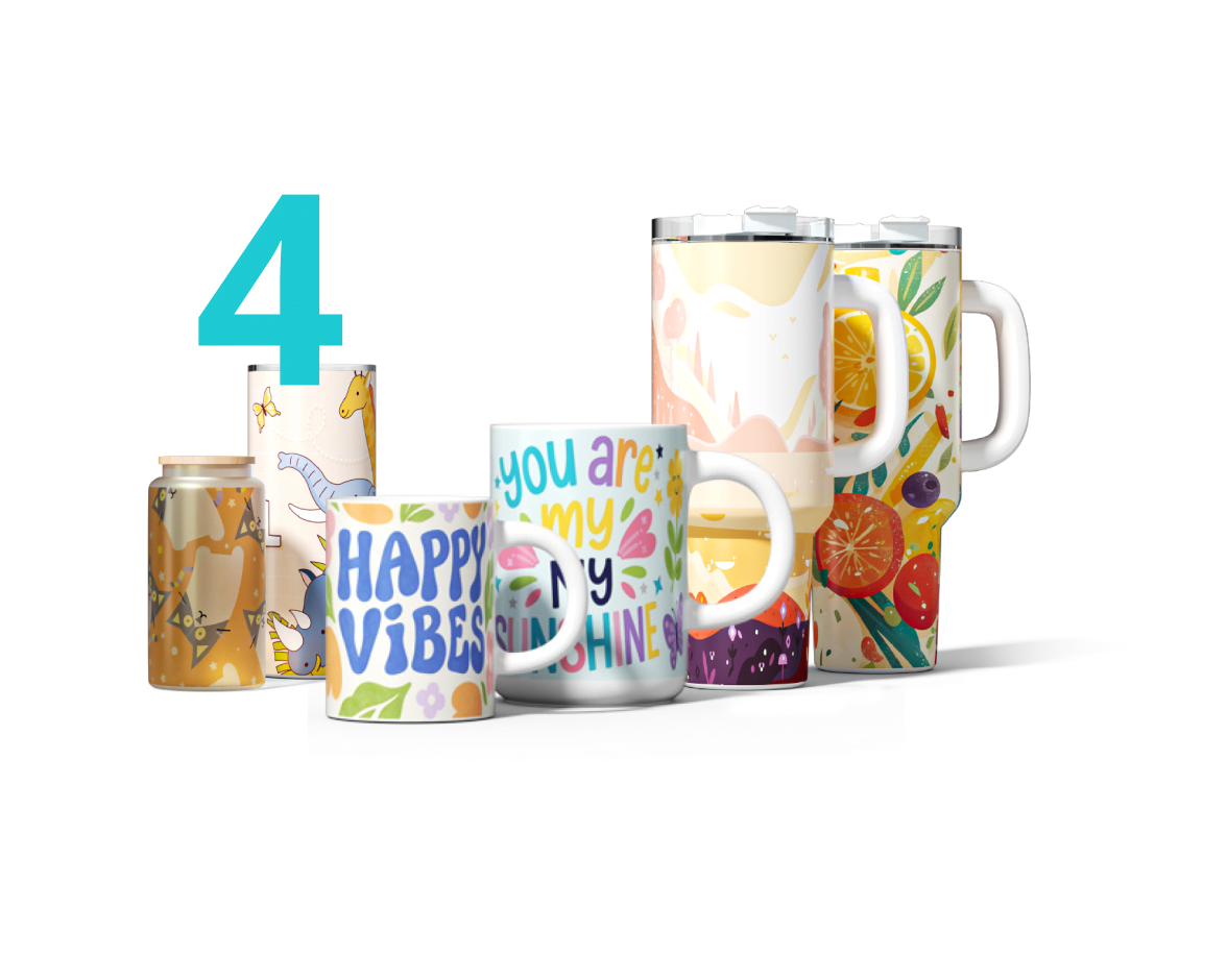 Assortment of sublimated mugs, tumblers and large tumblers with handle.