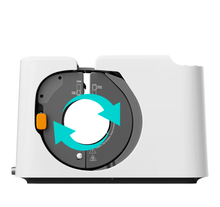 LOKLiK Auto Mug Heat Press seen from the side. Two arrows indicate the press and release motion of the heat press.