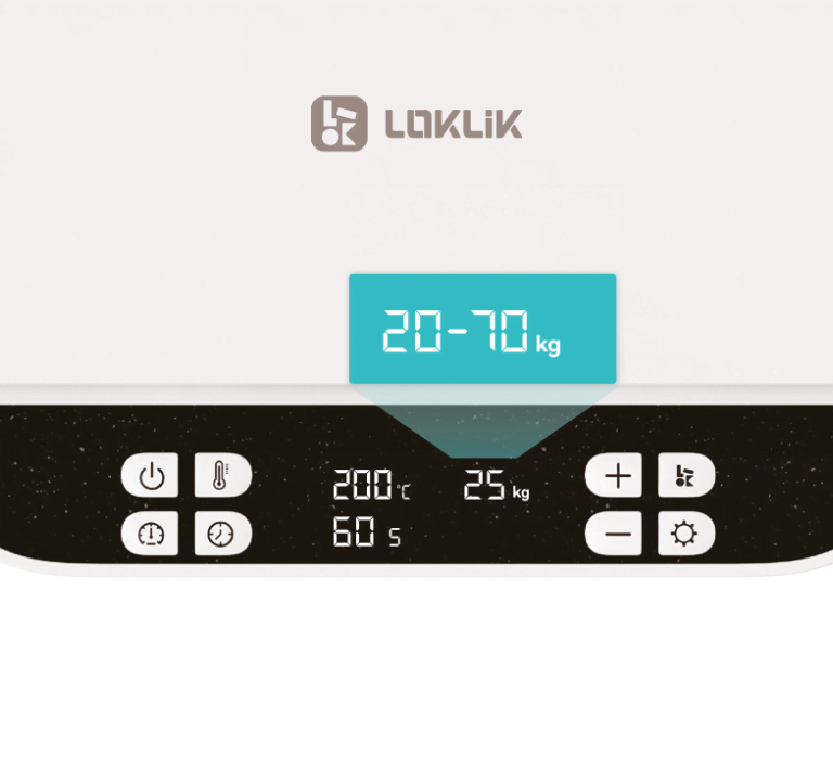 Close view of the screen of the LOKLiK Auto Mug  Heat Press. A callout indicates 20 - 70 kg of pressure.