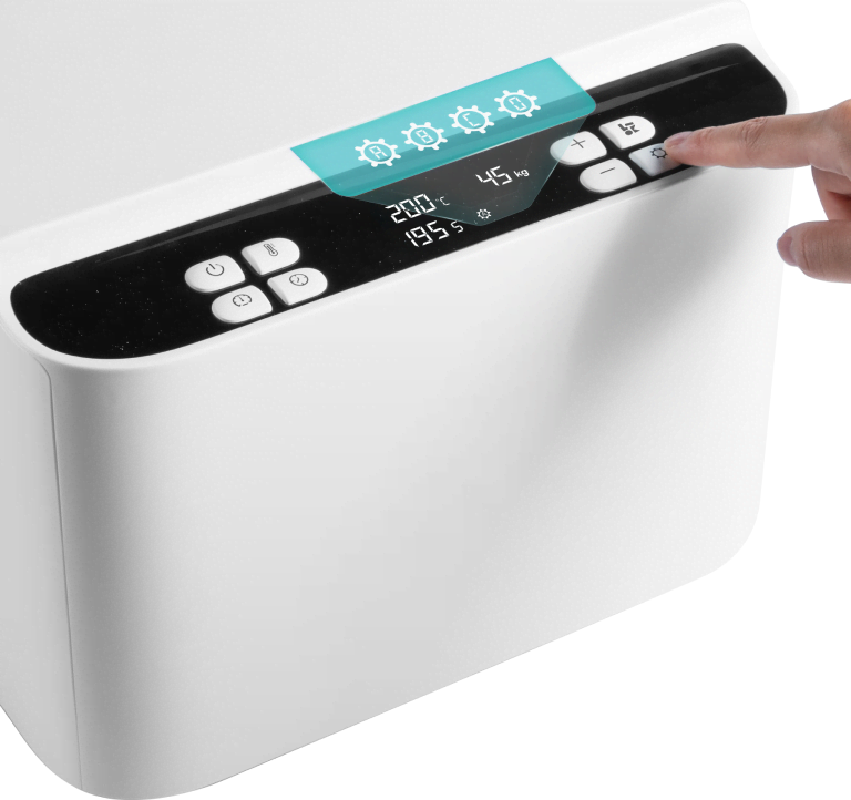 LOKLiK Auto Mug Heat Press at an angle. A finger presses one of the buttons. A callout shows the four custom heating presets.