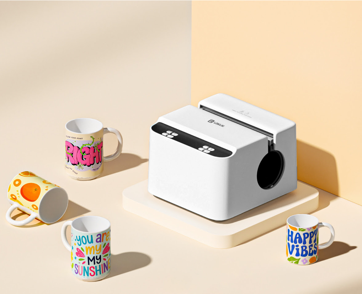 A white LOKLiK Auto Mug Heat Press displayed on a platform surrounded by several custom sublimated ceramic mugs.
