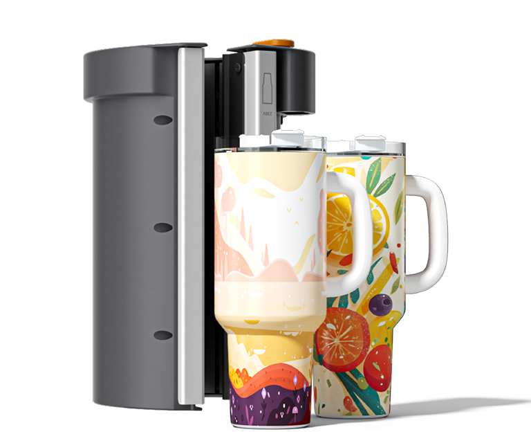 Two large 1.2 litre mugs with handle in front of the heat plate designed for this type of tumblers.