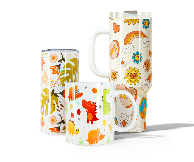 Straight tumbler, mug and large tumbler with handle.