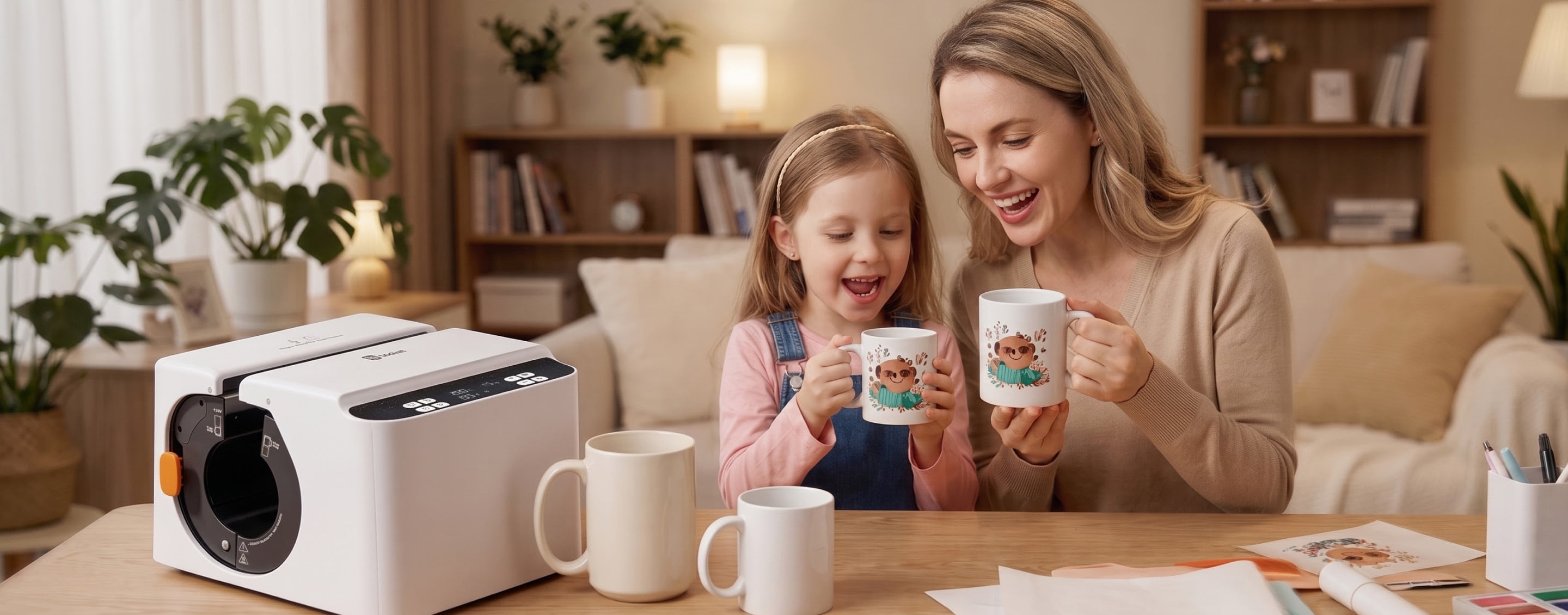 A mother and young daughter smiling while holding custom sublimated ceramic mugs next to the LOKLiK Auto Mug Heat Press on a table.