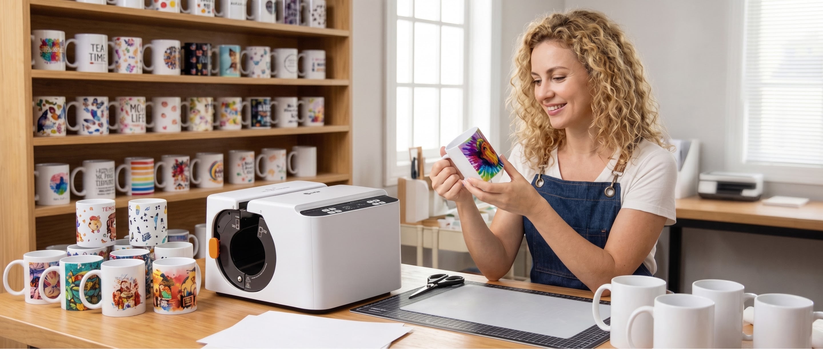 A smiling woman admiring a custom sublimated ceramic mug in her workshop next to the LOKLiK Auto Mug Heat Press.
