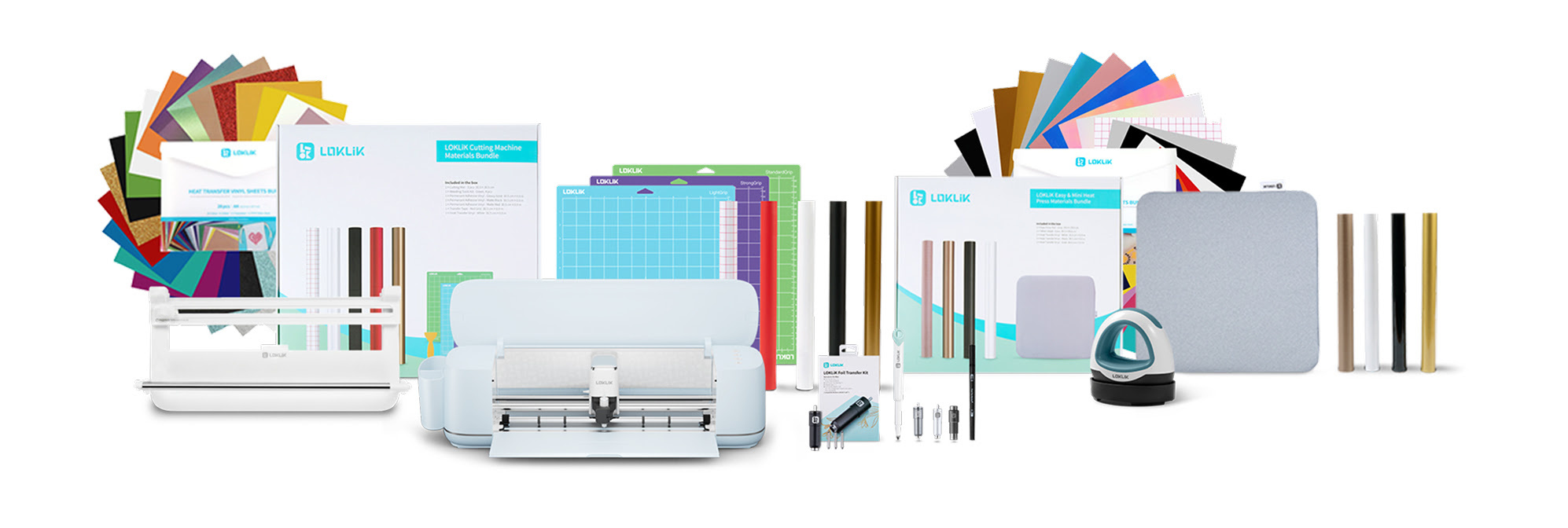 Zawartość zestawu LOKLiK Design Bundle: LOKLiK iCraft™ wraz z narzędziami, zestaw „ Mini Heat Press ” wraz z pakietami startowymi, zestaw trwałych folii winylowych oraz zestaw folii termotransferowych.