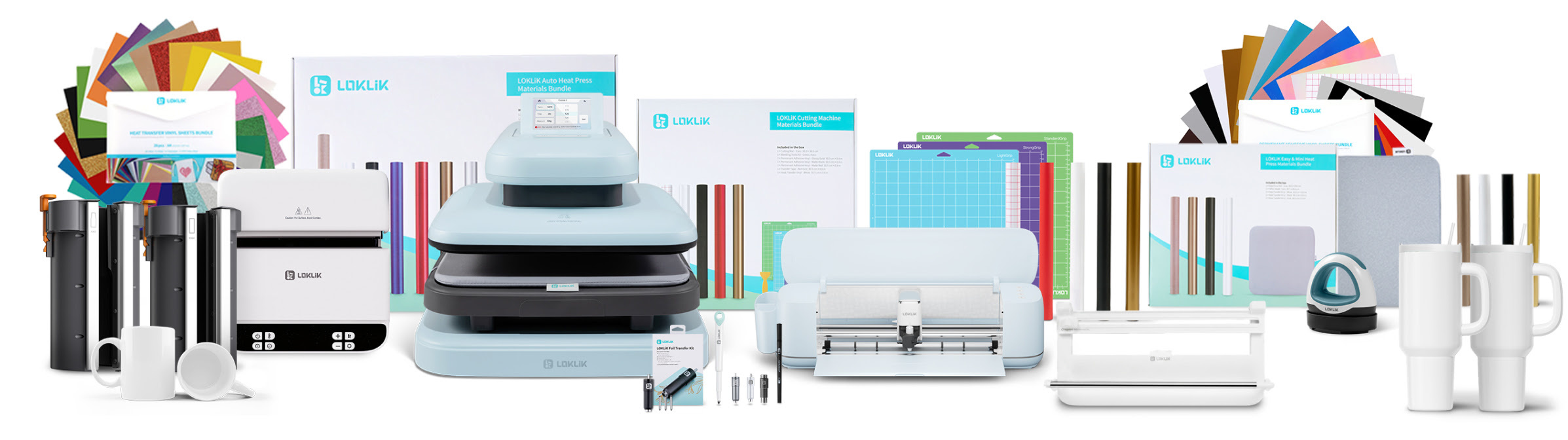 Zawartość zestawu LOKLiK Design Pro Bundle: LOKLiK iCraft™ wraz z narzędziami, LOKLiK ImPress™ Auto 2-Smart, Mini Heat Press oraz prasa termiczna Auto Mug, wraz z zestawami startowymi, zestawem trwałych folii winylowych i zestawem folii termotransferowych.