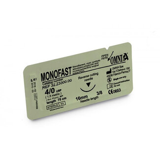 HUFRIEDY PGCL HECHTDRAAD 4/0, 75 CM. NAALD: 16 MM, SCHERP, 3/8 CIRKEL, OMGEKEERD SNIJDEND, 75 CM MONOFAST (OMNIA)