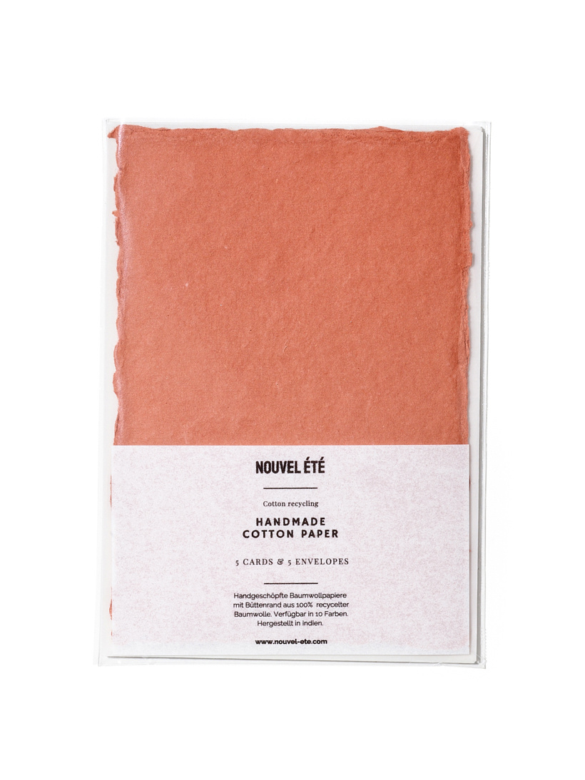 NOUVEL ÉTÉ 5 handgeschöpfte Baumwollpapiere ink. Couverts, zwei Formate, TERRACOTTA