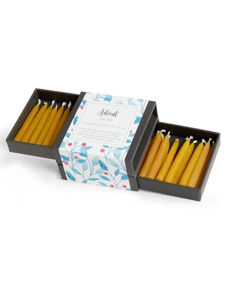Advent Candles - 24 Mini Kerzen aus Bienenwachs mit zwei Keramikhaltern